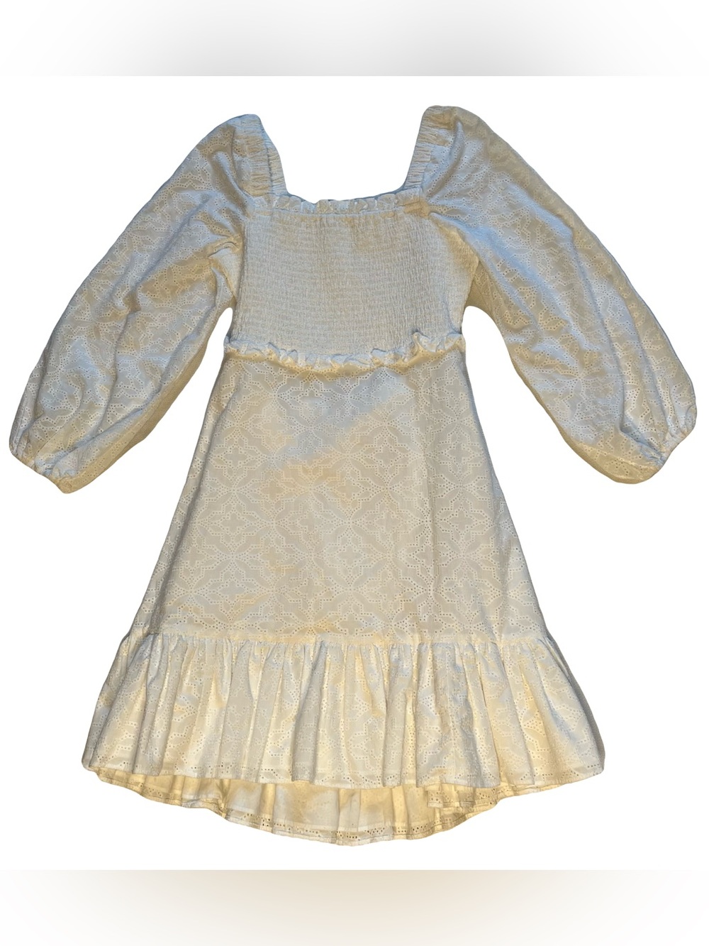 Veronica Beard Dress Cream Eyelet Smocked Puff Sleeve Ruffle Mini Cottagecore